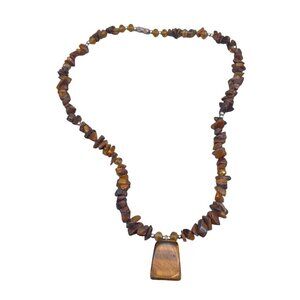 Tiger Eye Gemstone Chip Necklace Silver Tone Beads 18in